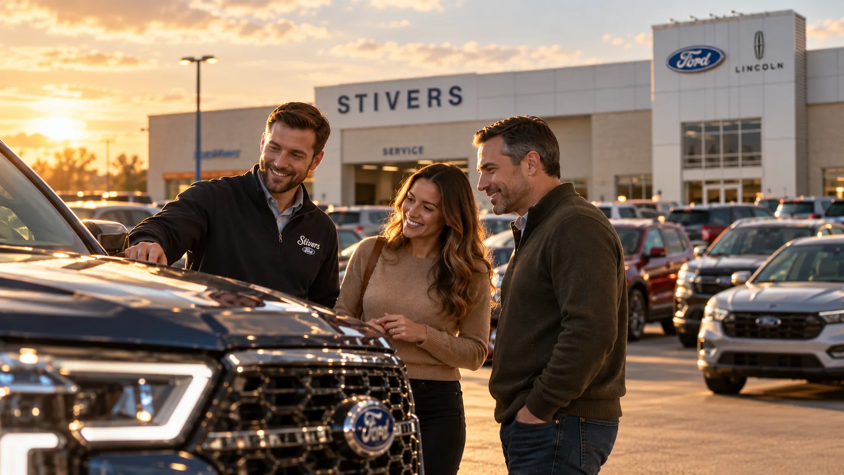 Conceptual cinematic scene of a Stivers salesperson showing a Ford vehicle to customers outside the dealership